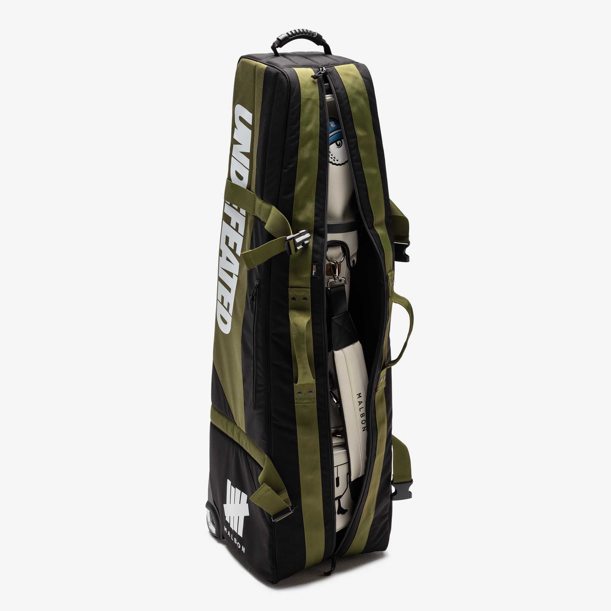 UNDEFEATED x Malbon The UNDEFEATED x Malbon Stand Golf Bag is available in  black and sand. It features multiple zippered pockets, a…